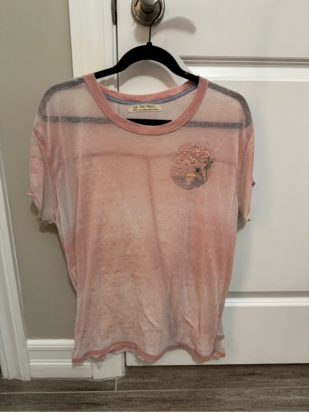 We The Free faded pink mesh short sleeve tee with embroidered floral emblem